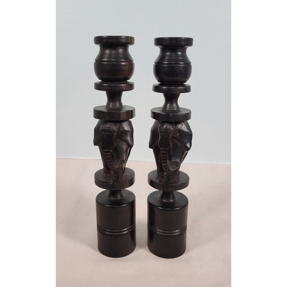 Hand Carved Wooden Elephant Candlesticks 9" tall